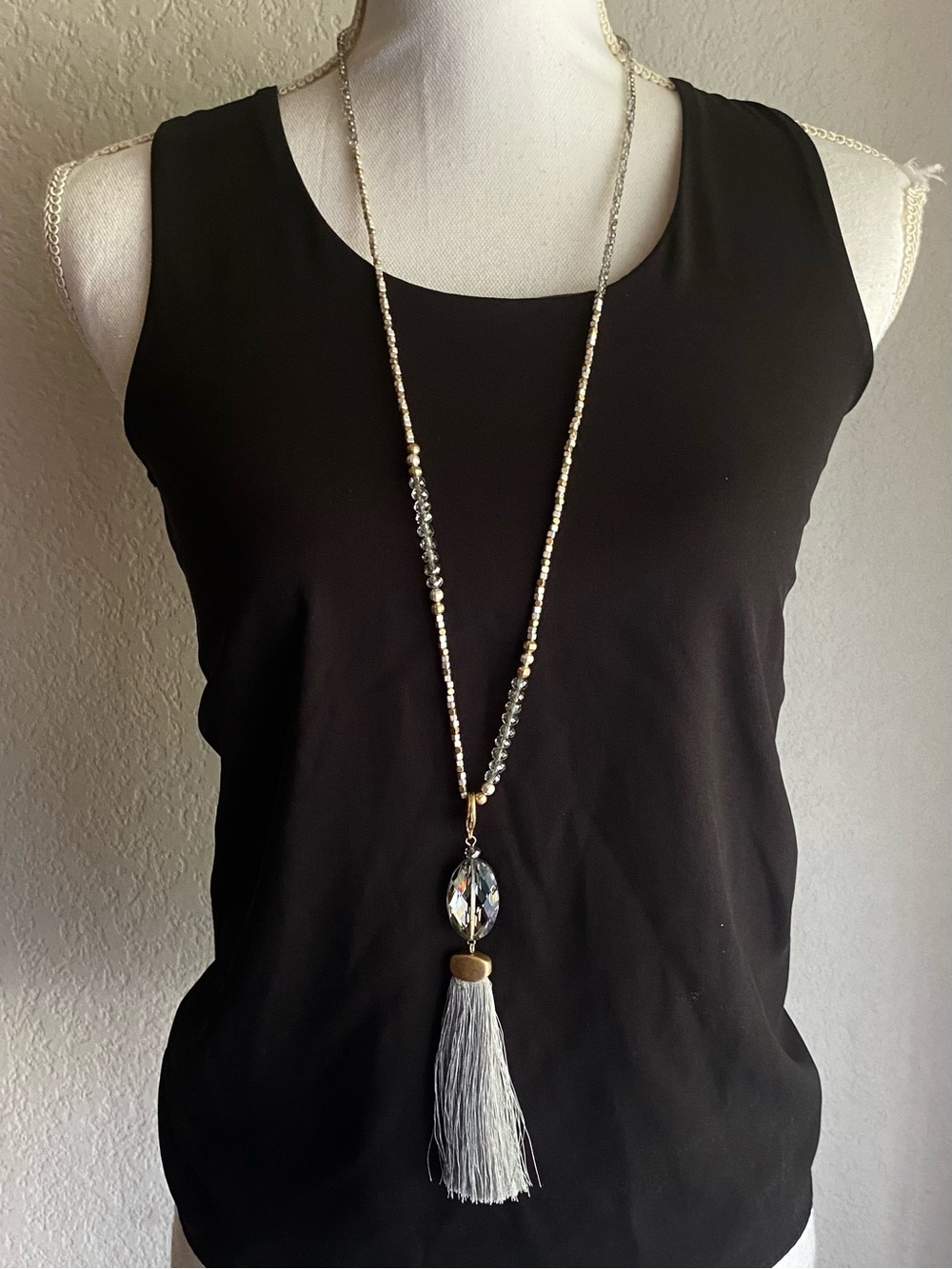 Long Silver Beaded Tassel Necklace w/Crystal Pendant